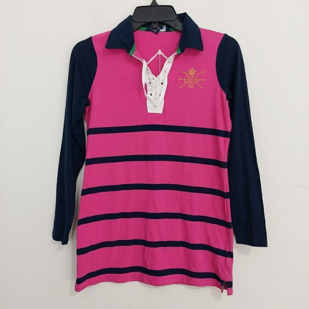 VTG Rare "RALPH LAUREN" Equestrian/Riding Patch Striped Rugby Shirt Girl's Sz L